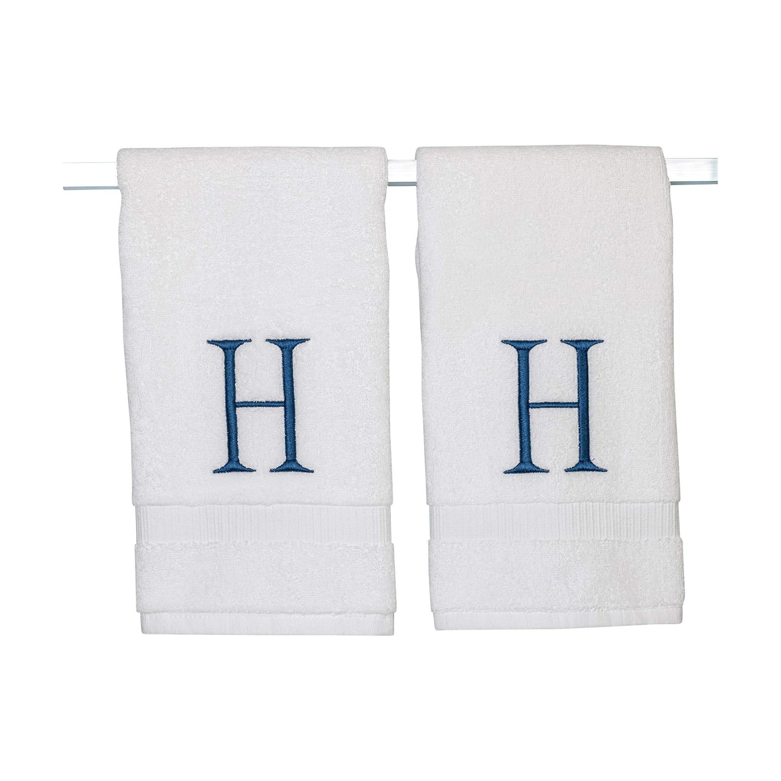 White with Navy Monogrammed Hand Towels for Bathroom - Set of 2 Letter H | Luxury Hotel Quality Initial Towels For