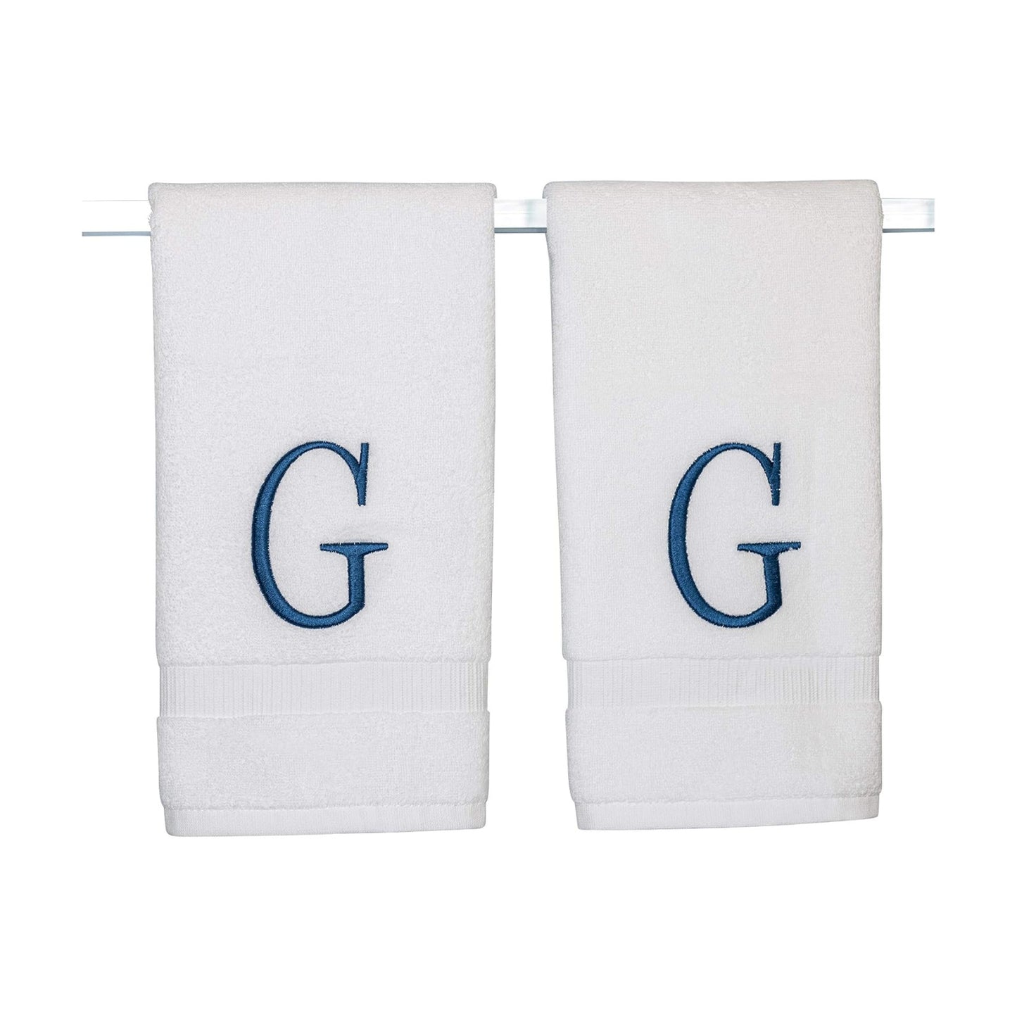 White with Navy Monogrammed Hand Towels for Bathroom - Set of 2 Letter G | Luxury Hotel Quality Initial Towels For