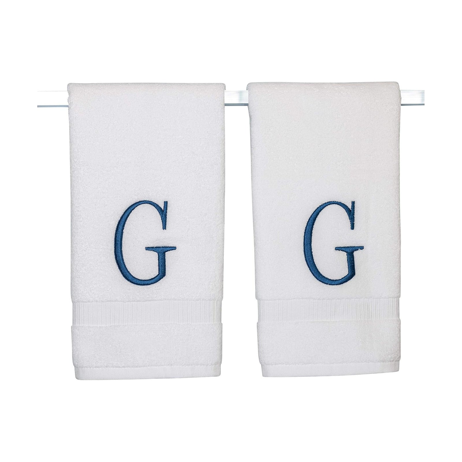 White with Navy Monogrammed Hand Towels for Bathroom - Set of 2 Letter G | Luxury Hotel Quality Initial Towels For