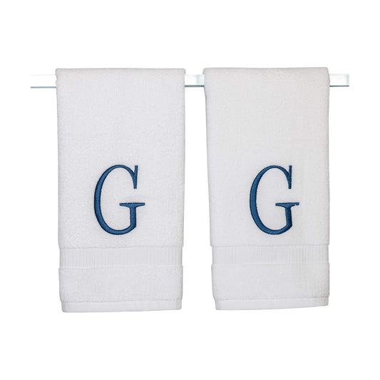 White with Navy Monogrammed Hand Towels for Bathroom - Set of 2 Letter G | Luxury Hotel Quality Initial Towels For