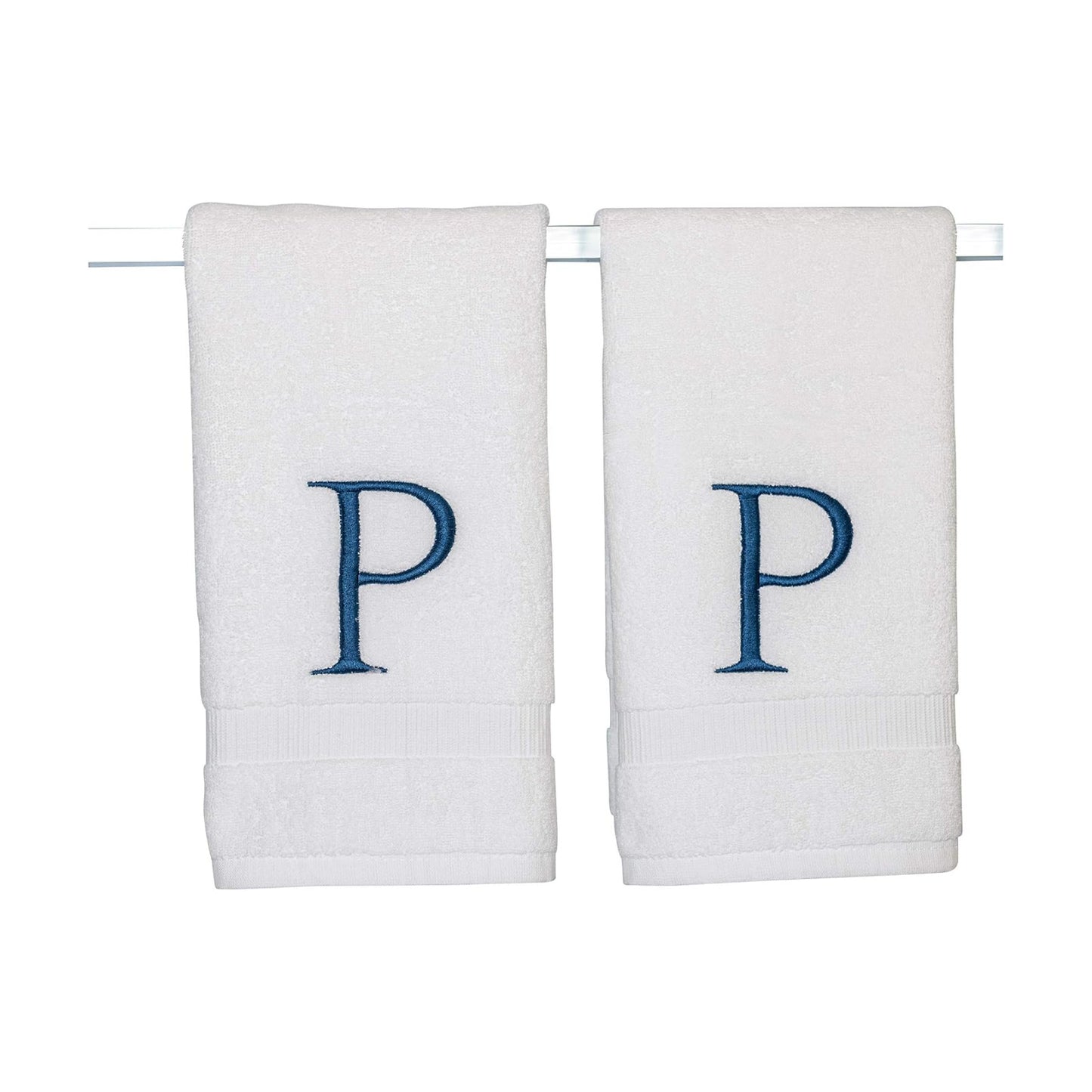 White with Navy Monogrammed Hand Towels for Bathroom - Set of 2 Letter P | Luxury Hotel Quality Initial Towels For