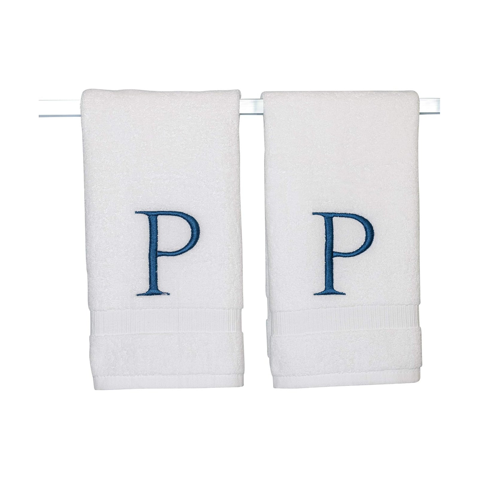 White with Navy Monogrammed Hand Towels for Bathroom - Set of 2 Letter P | Luxury Hotel Quality Initial Towels For
