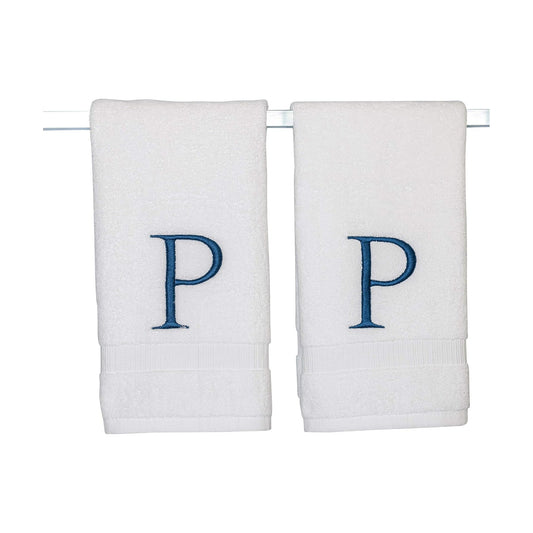 White with Navy Monogrammed Hand Towels for Bathroom - Set of 2 Letter P | Luxury Hotel Quality Initial Towels For