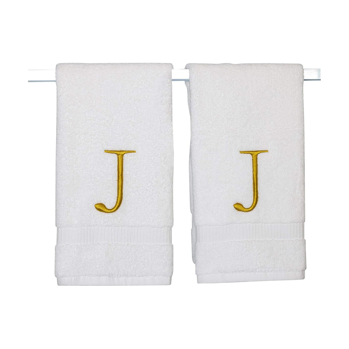 White with Gold Monogrammed Hand Towels for Bathroom - Set of 2 Letter J | Luxury Hotel Quality Initial Towels For