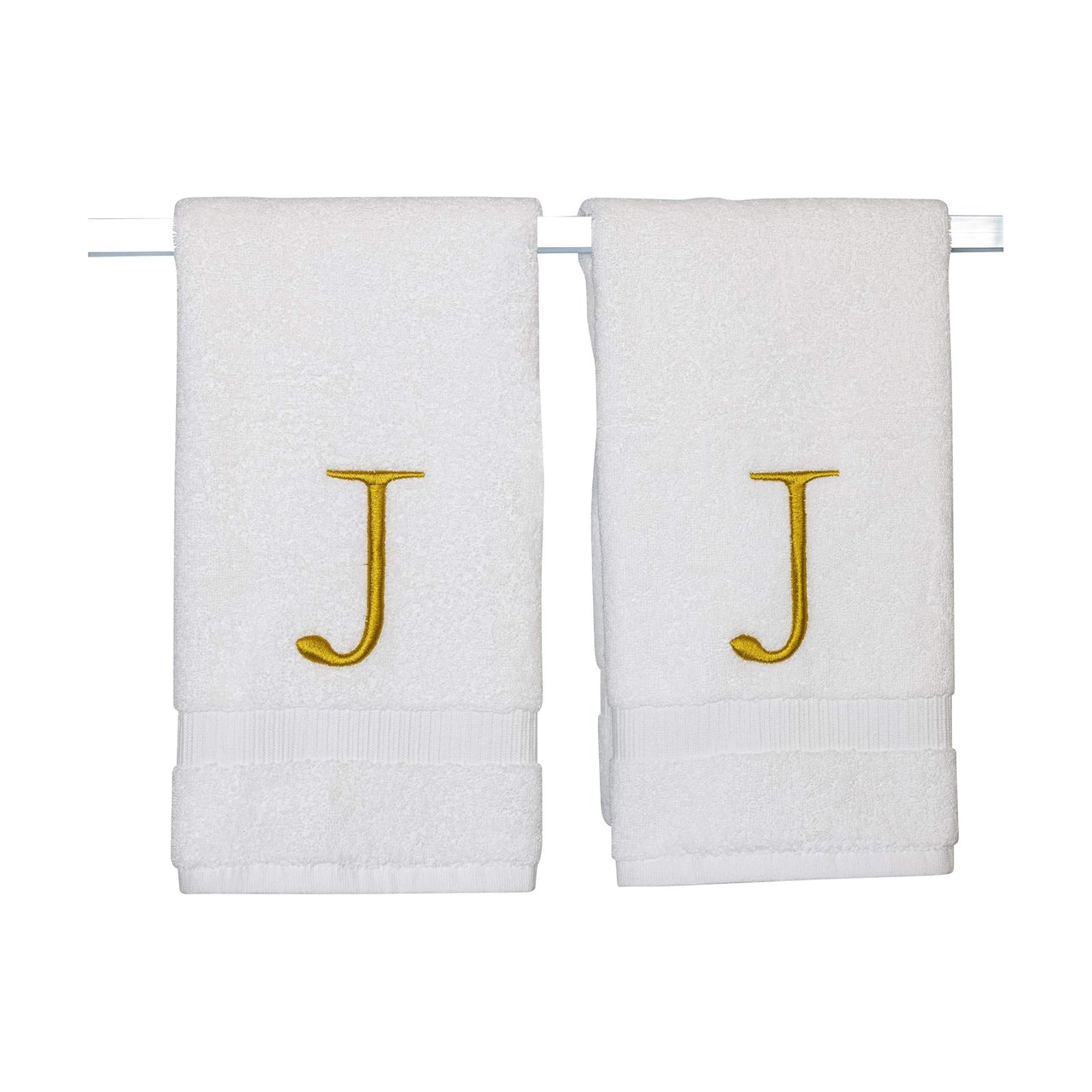 White with Gold Monogrammed Hand Towels for Bathroom - Set of 2 Letter J | Luxury Hotel Quality Initial Towels For