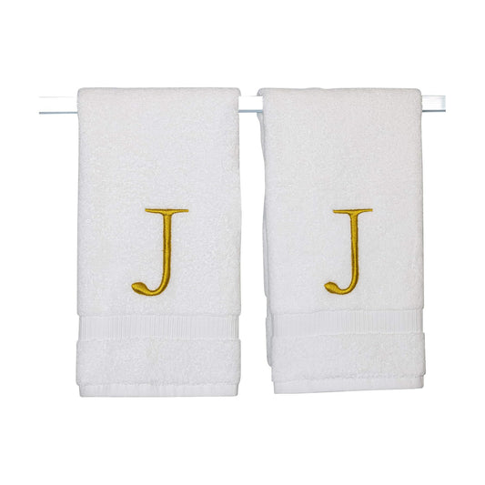 White with Gold Monogrammed Hand Towels for Bathroom - Set of 2 Letter J | Luxury Hotel Quality Initial Towels For