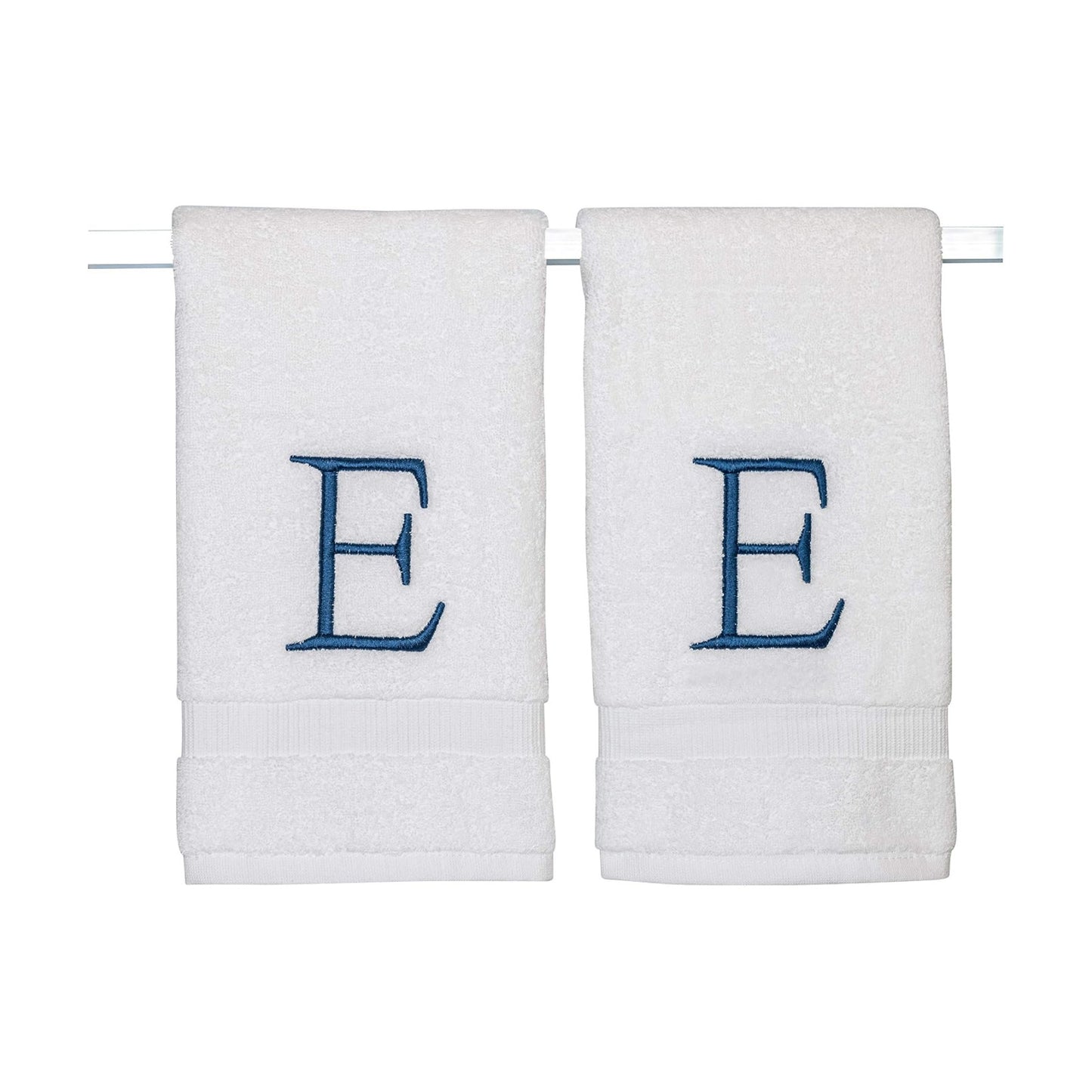 White with Navy Monogrammed Hand Towels for Bathroom - Set of 2 Letter E | Luxury Hotel Quality Initial Towels For