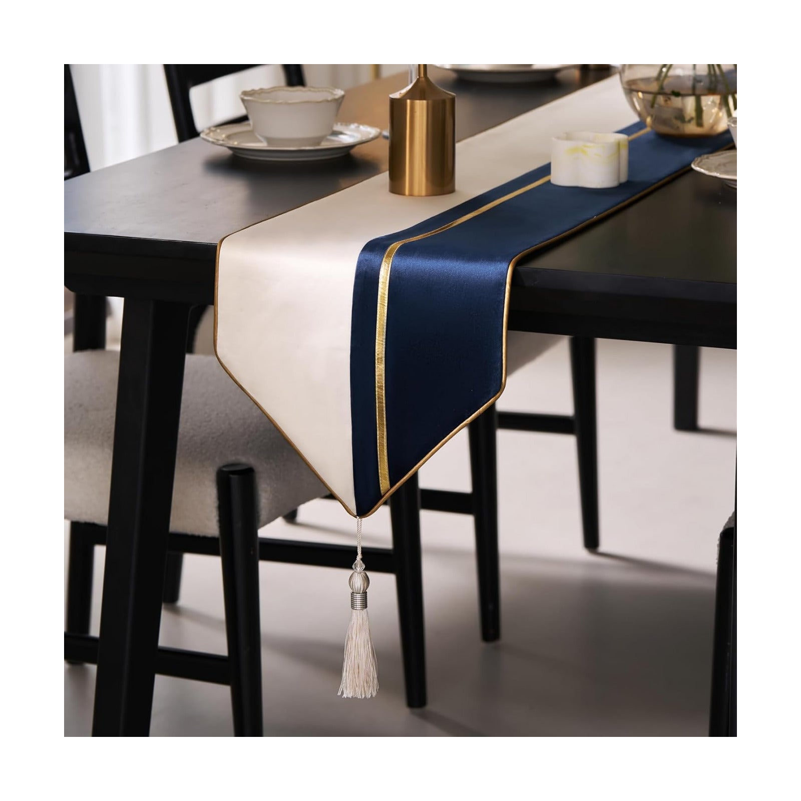Avigers Table Runner 12 x 108 Inch, Blue White, Geometric, Tassels | Faux Silk double-layer accent for dining rooms