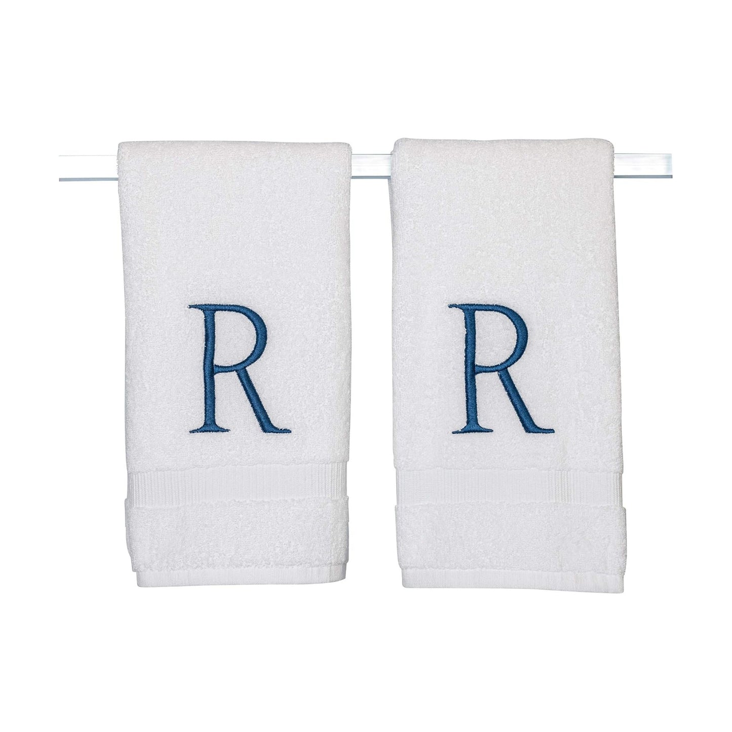 White with Navy Monogrammed Hand Towels for Bathroom - Set of 2 Letter R | Luxury Hotel Quality Initial Towels For