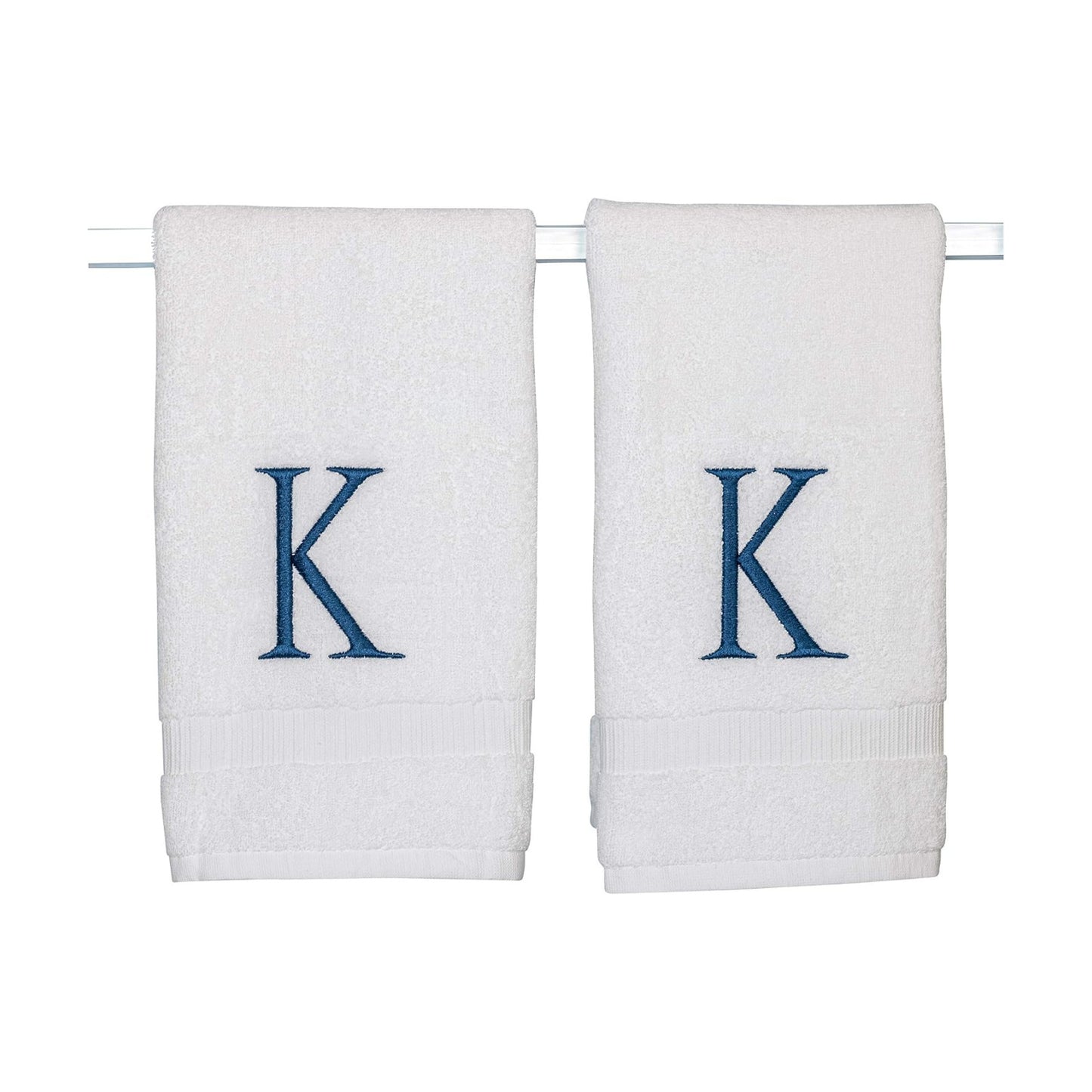 White with Navy Monogrammed Hand Towels for Bathroom - Set of 2 Letter K | Luxury Hotel Quality Initial Towels For