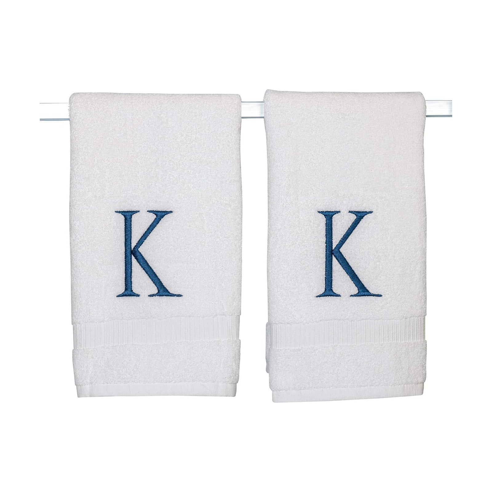 White with Navy Monogrammed Hand Towels for Bathroom - Set of 2 Letter K | Luxury Hotel Quality Initial Towels For