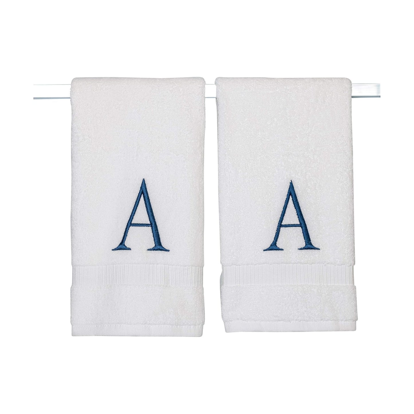 White with Navy Monogrammed Hand Towels for Bathroom - Set of 2 Letter A | Luxury Hotel Quality Initial Towels For
