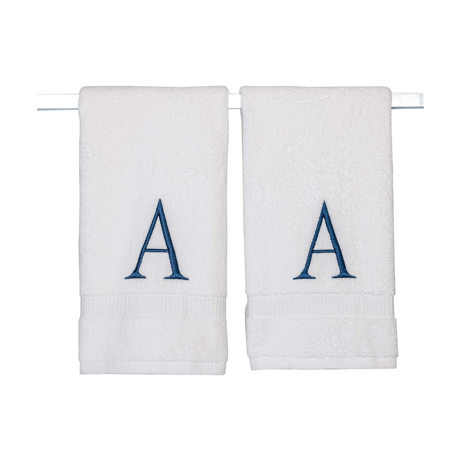 White with Navy Monogrammed Hand Towels for Bathroom - Set of 2 Letter A | Luxury Hotel Quality Initial Towels For
