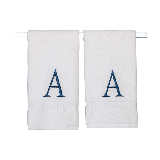 White with Navy Monogrammed Hand Towels for Bathroom - Set of 2 Letter A | Luxury Hotel Quality Initial Towels For