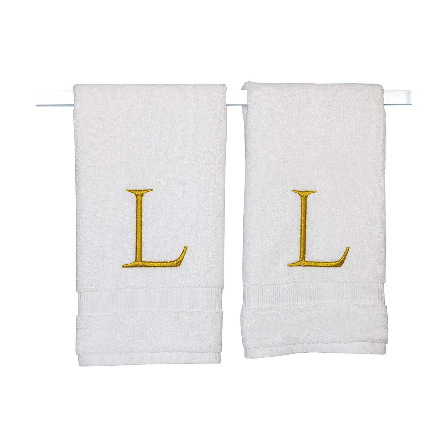 White with Gold Monogrammed Hand Towels for Bathroom - Set of 2 Letter L | Luxury Hotel Quality Initial Towels For