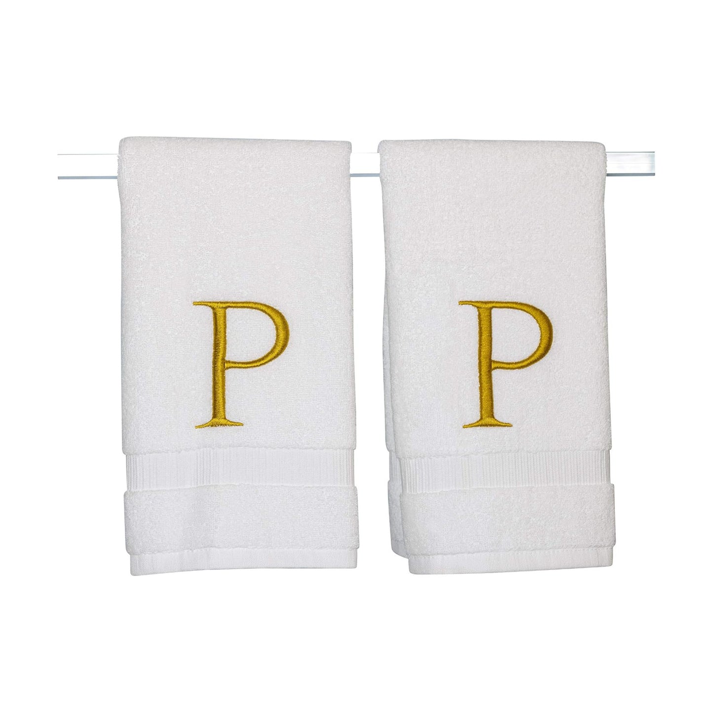 White with Gold Monogrammed Hand Towels for Bathroom - Set of 2 Letter P | Luxury Hotel Quality Initial Towels For