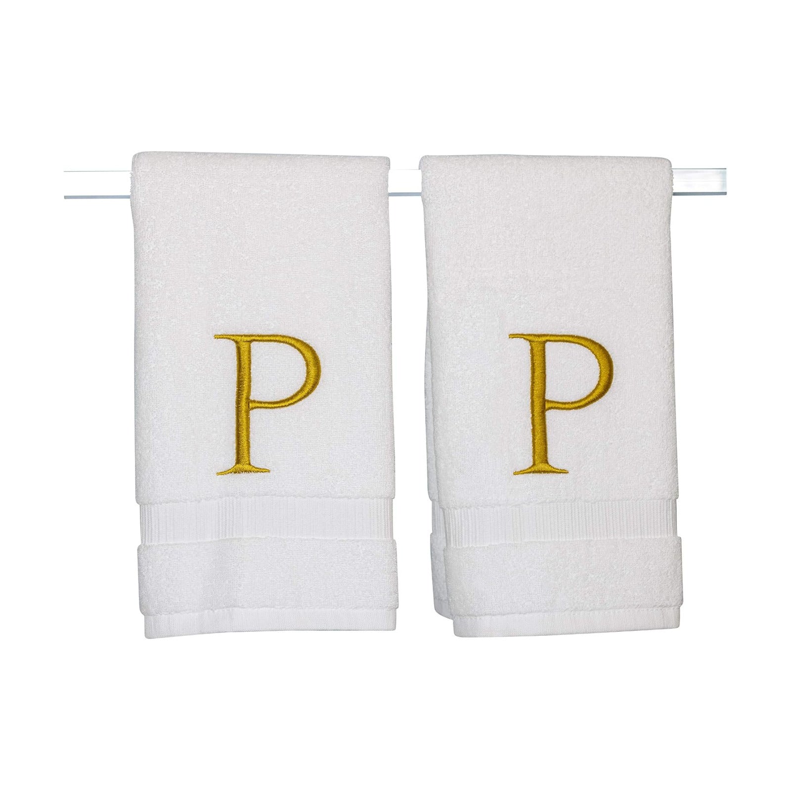 White with Gold Monogrammed Hand Towels for Bathroom - Set of 2 Letter P | Luxury Hotel Quality Initial Towels For