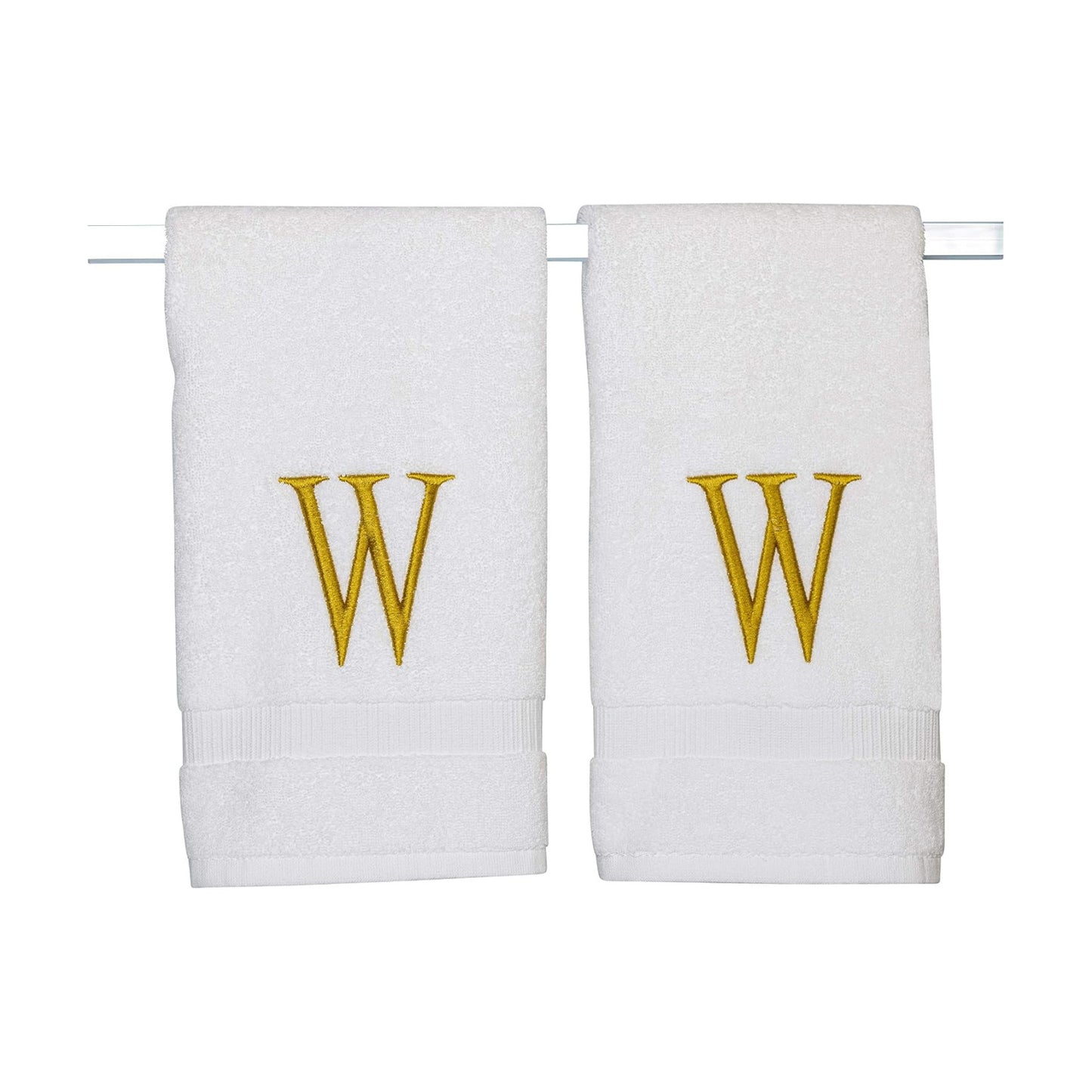White with Gold Monogrammed Hand Towels for Bathroom - Set of 2 Letter W | Luxury Hotel Quality Initial Towels For
