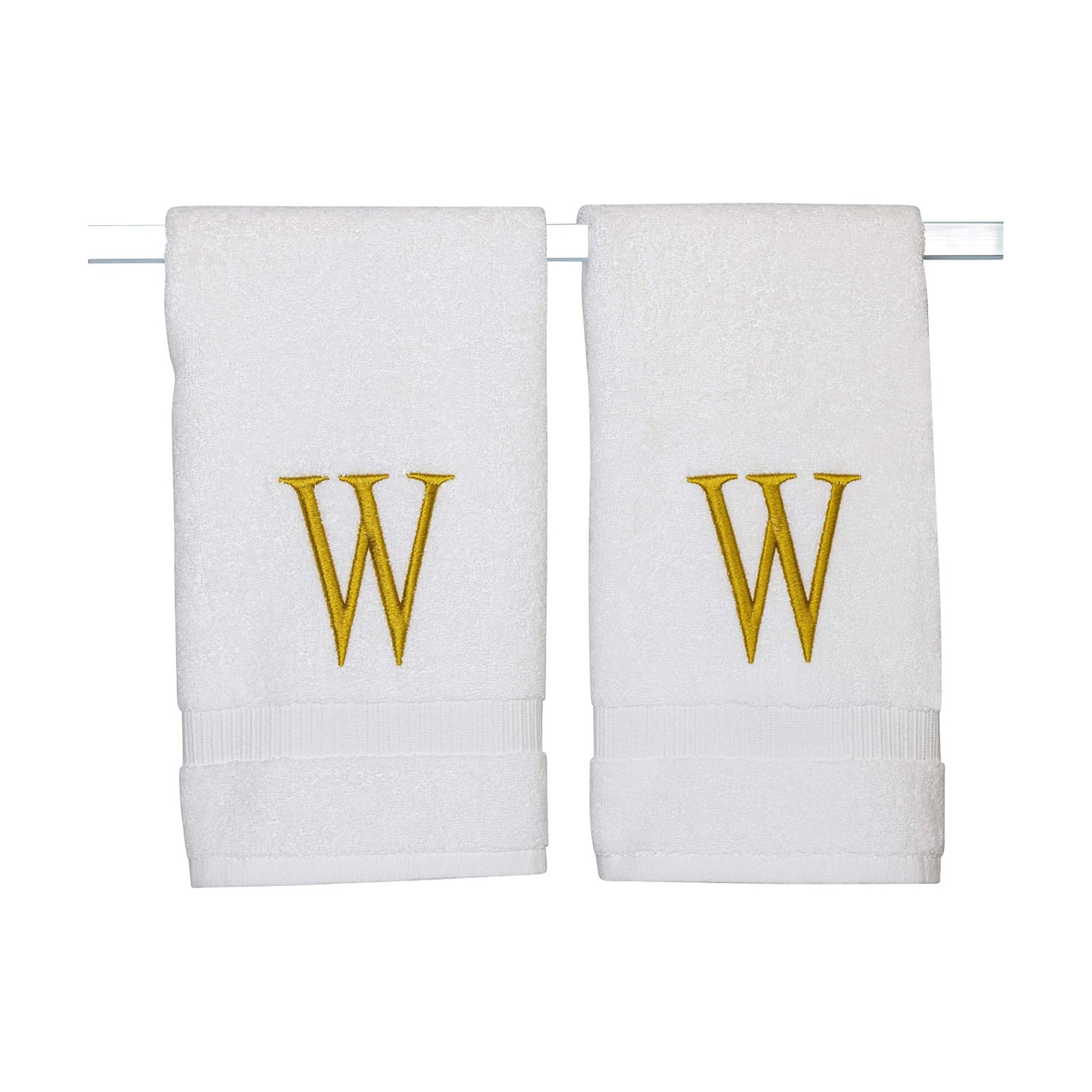 White with Gold Monogrammed Hand Towels for Bathroom - Set of 2 Letter W | Luxury Hotel Quality Initial Towels For