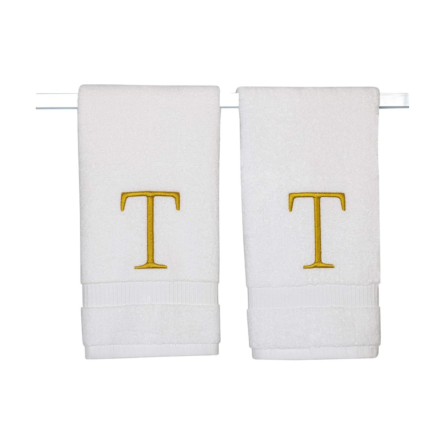 White with Gold Monogrammed Hand Towels for Bathroom - Set of 2 Letter T | Luxury Hotel Quality Initial Towels For