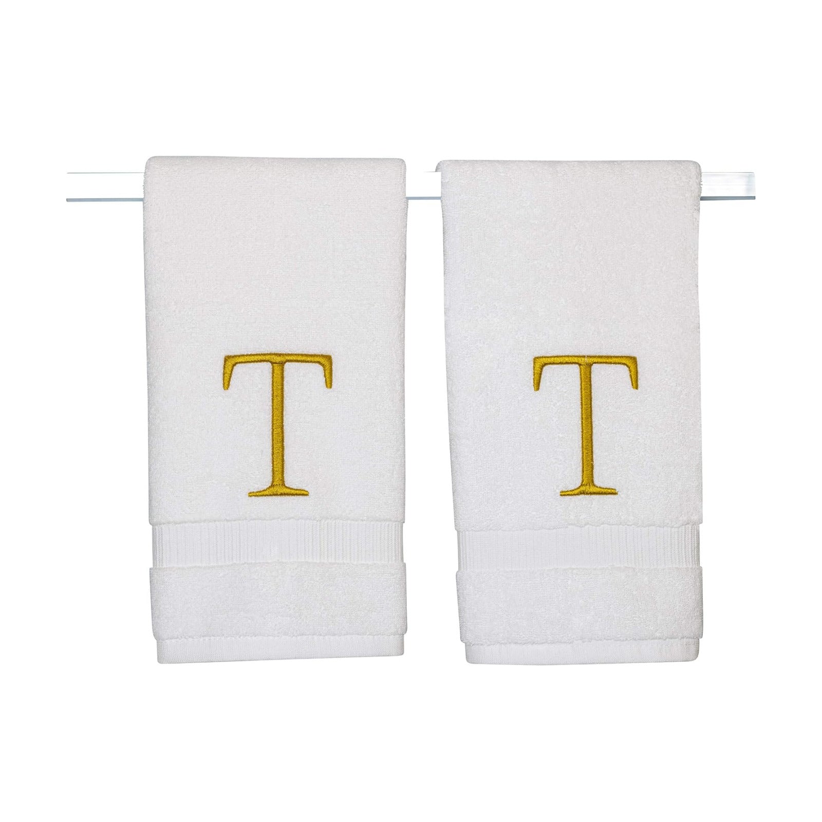 White with Gold Monogrammed Hand Towels for Bathroom - Set of 2 Letter T | Luxury Hotel Quality Initial Towels For