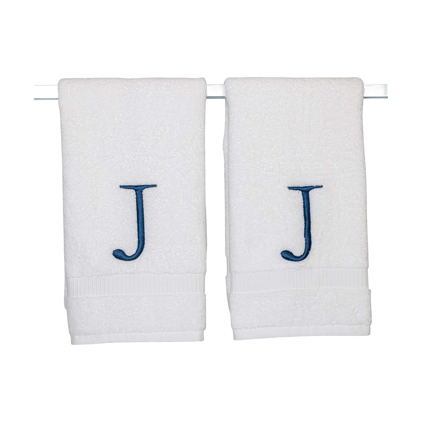 White with Navy Monogrammed Hand Towels for Bathroom - Set of 2 Letter J | Luxury Hotel Quality Initial Towels For