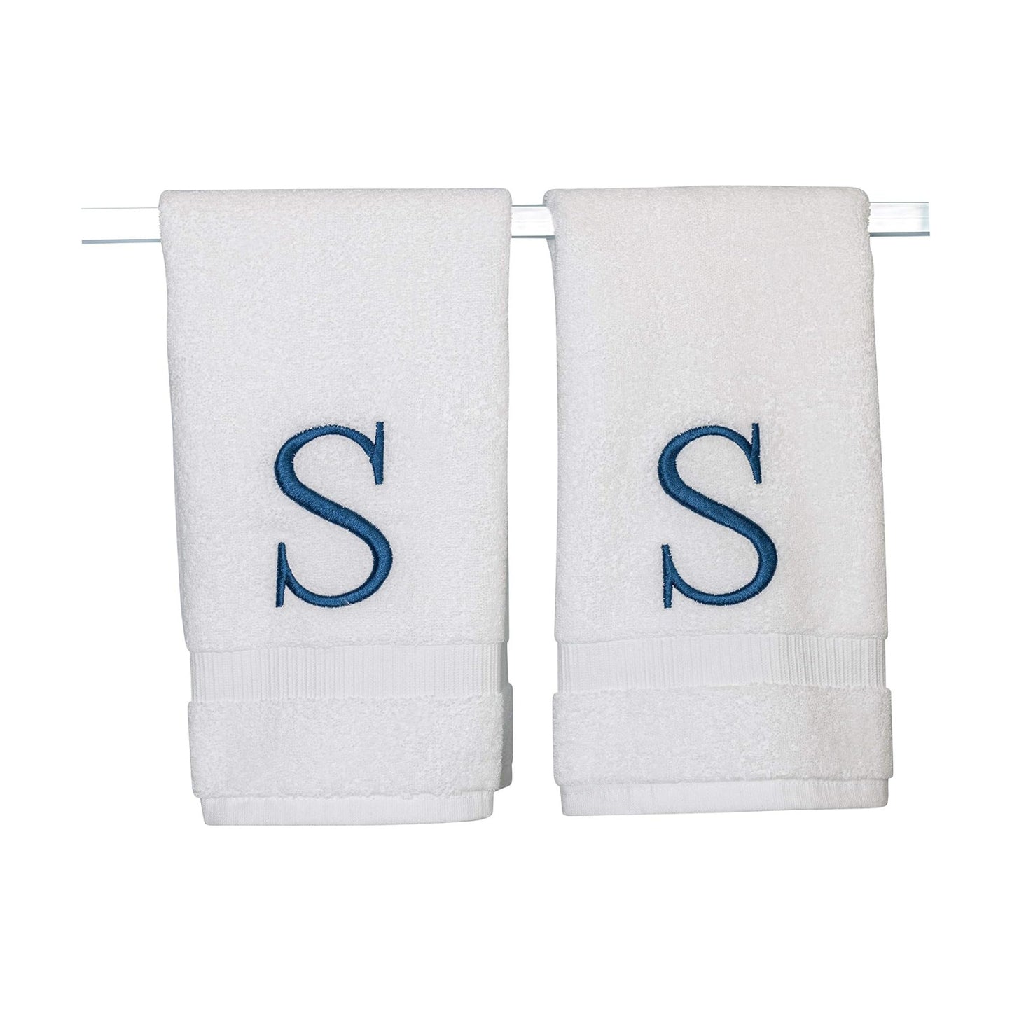 White with Navy Monogrammed Hand Towels for Bathroom - Set of 2 Letter S | Luxury Hotel Quality Initial Towels For