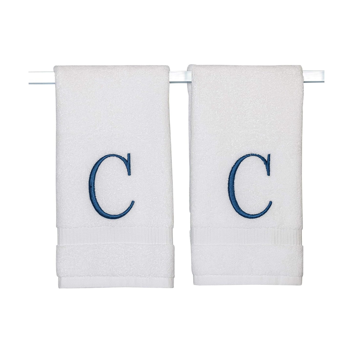White with Navy Monogrammed Hand Towels for Bathroom - Set of 2 Letter C | Luxury Hotel Quality Initial Towels For