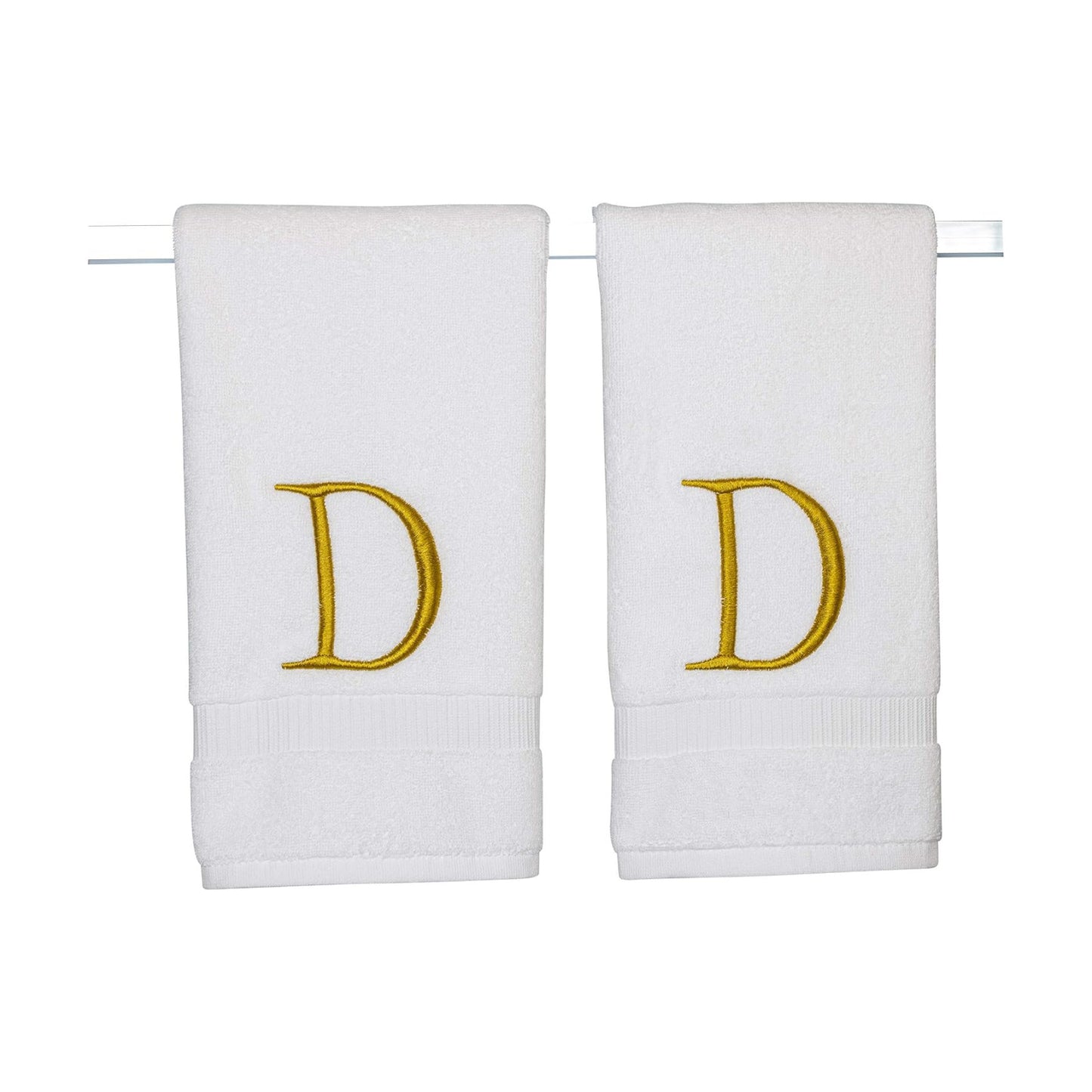 White with Gold Monogrammed Hand Towels for Bathroom - Set of 2 Letter D | Luxury Hotel Quality Initial Towels For