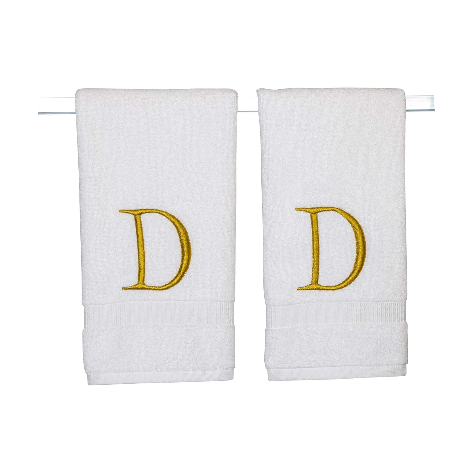 White with Gold Monogrammed Hand Towels for Bathroom - Set of 2 Letter D | Luxury Hotel Quality Initial Towels For