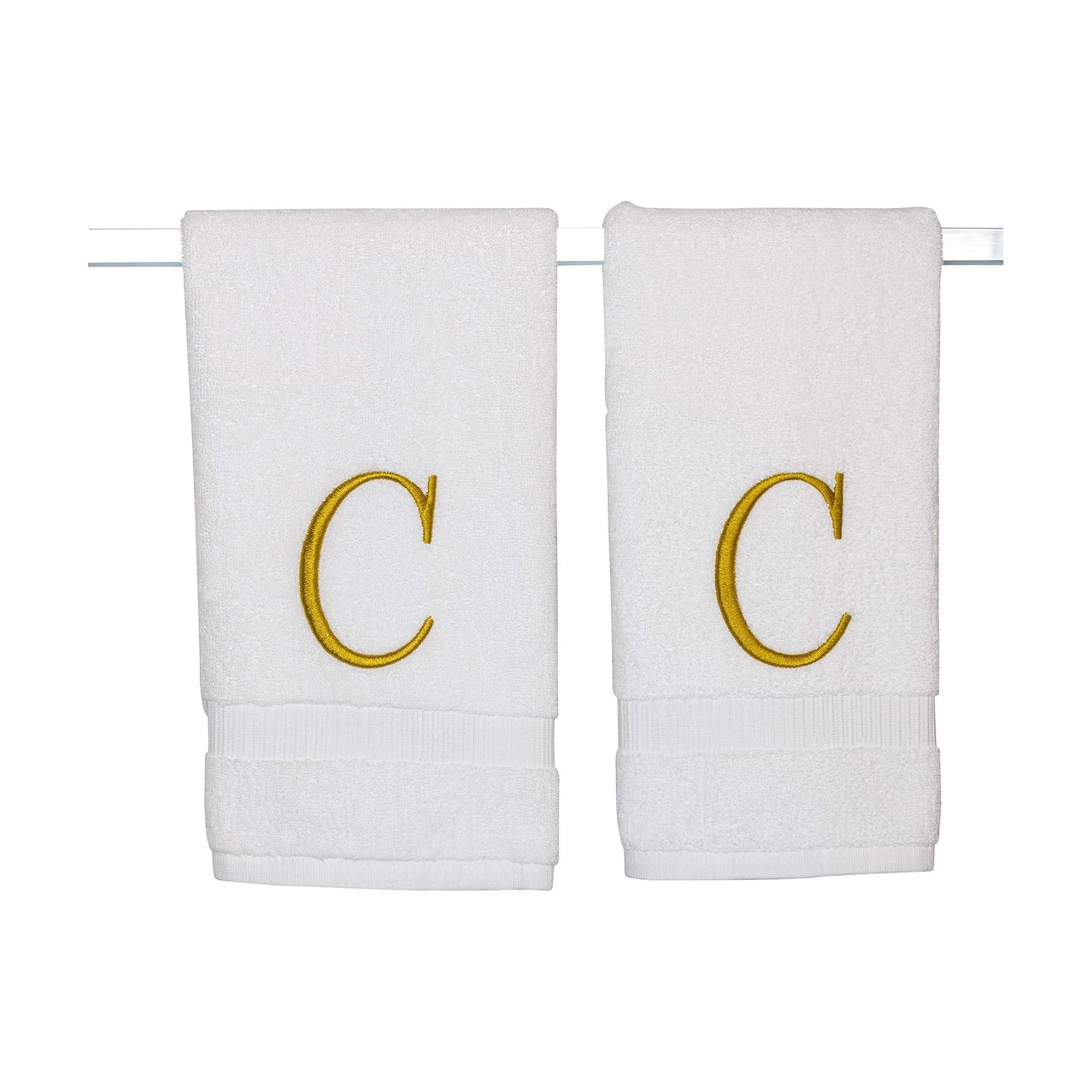White with Gold Monogrammed Hand Towels for Bathroom - Set of 2 Letter C | Luxury Hotel Quality Initial Towels For