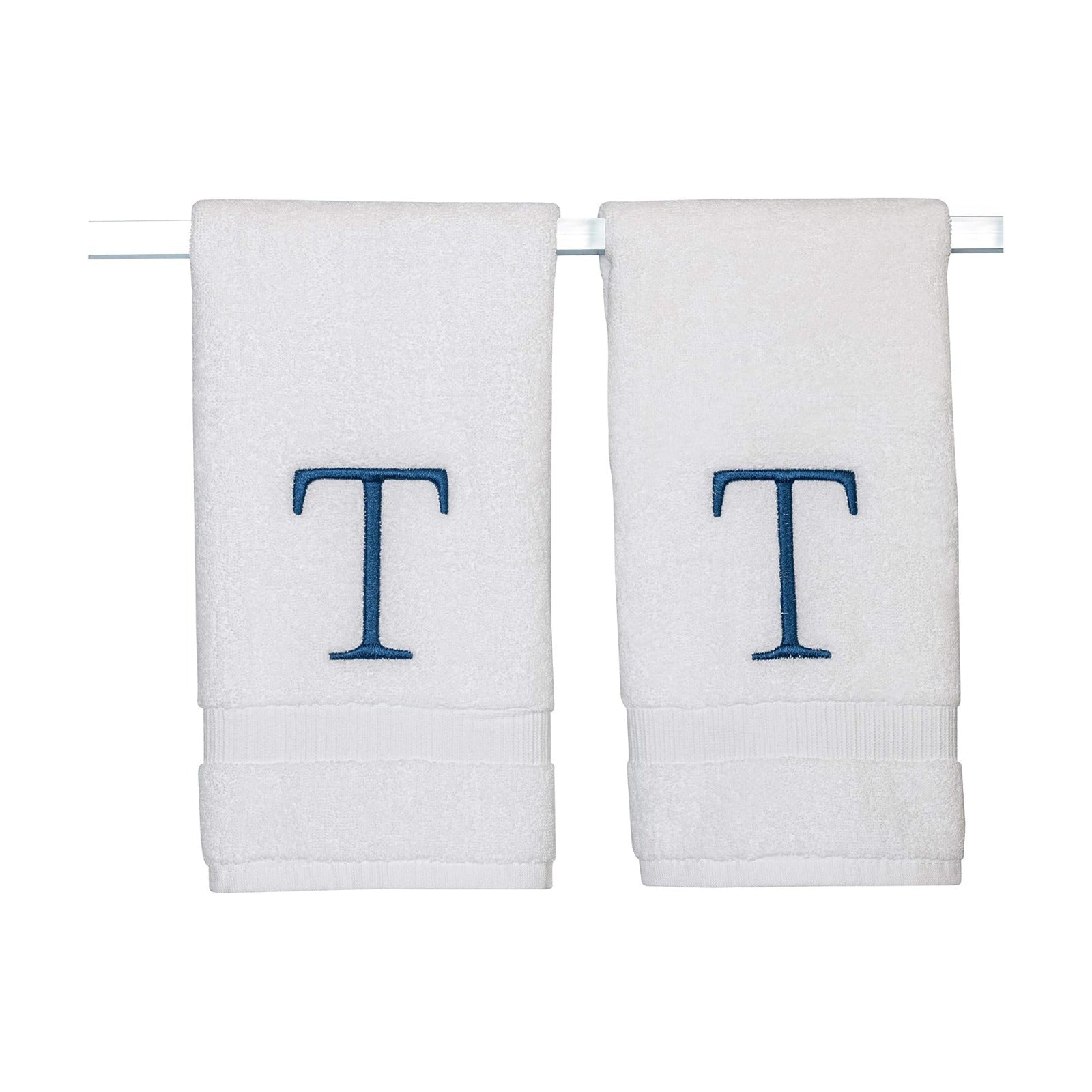 White with Navy Monogrammed Hand Towels for Bathroom - Set of 2 Letter T | Luxury Hotel Quality Initial Towels For