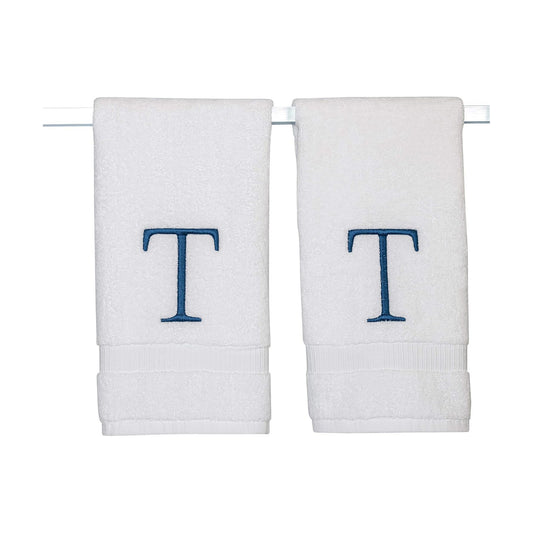 White with Navy Monogrammed Hand Towels for Bathroom - Set of 2 Letter T | Luxury Hotel Quality Initial Towels For