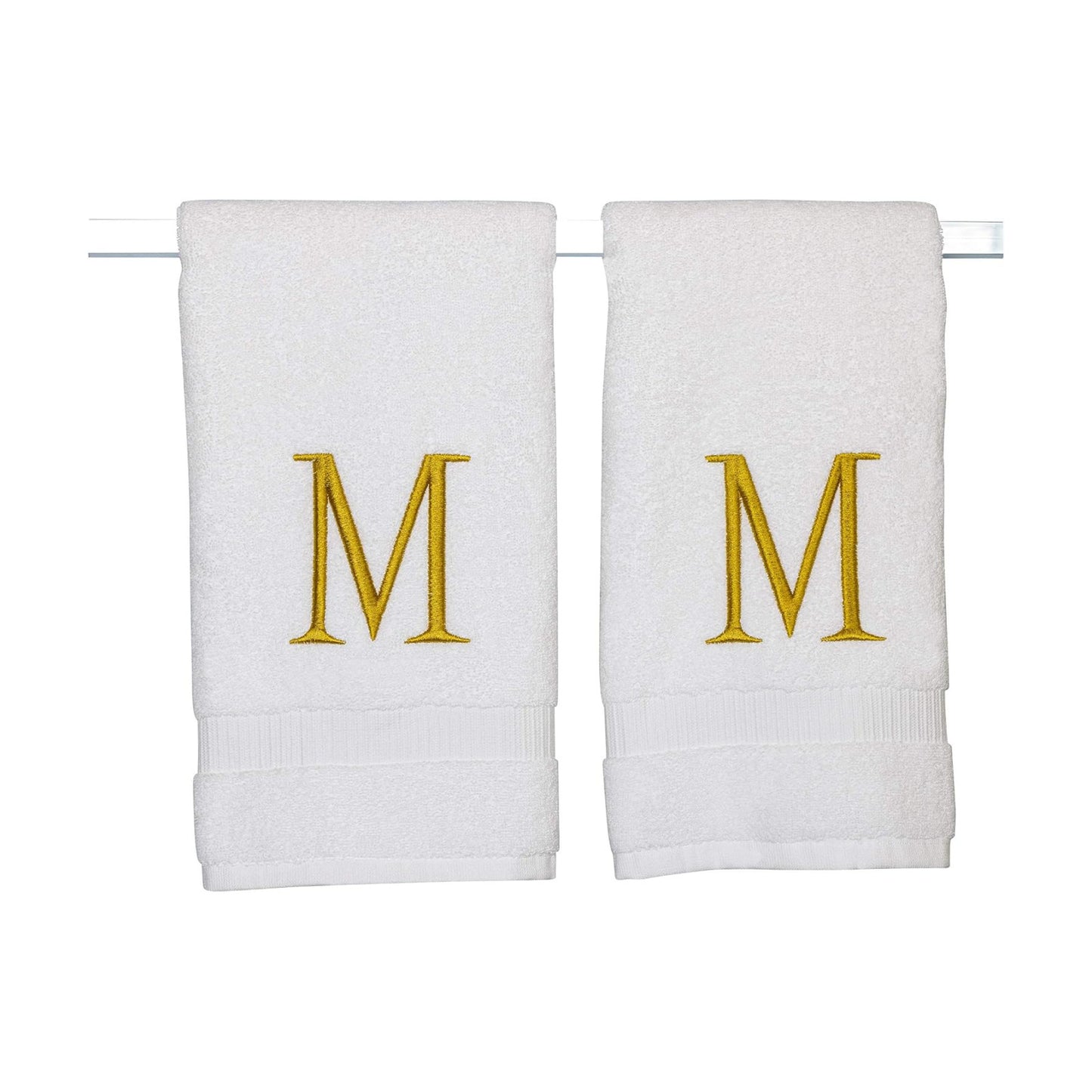 White with Gold Monogrammed Hand Towels for Bathroom - Set of 2 Letter M | Luxury Hotel Quality Initial Towels For