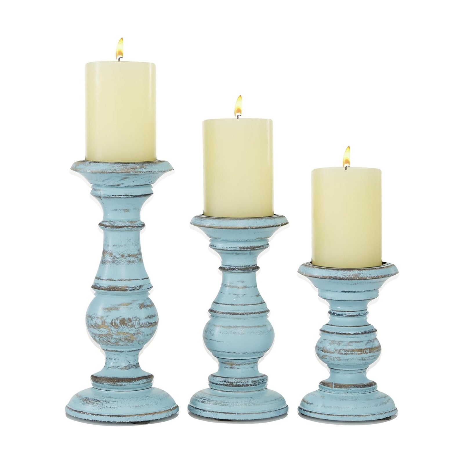 Deco 79 Mango Wood Decorative Candle Holder Distressed Turned Pillar Candle Stand, Set of 3 Candlestick Holder 6", 8"
