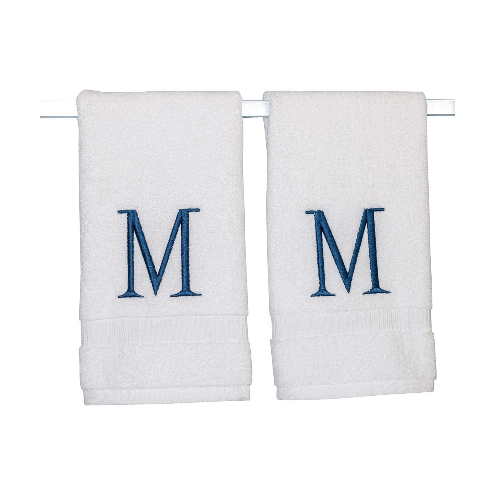 White with Navy Monogrammed Hand Towels for Bathroom - Set of 2 Letter M | Luxury Hotel Quality Initial Towels For