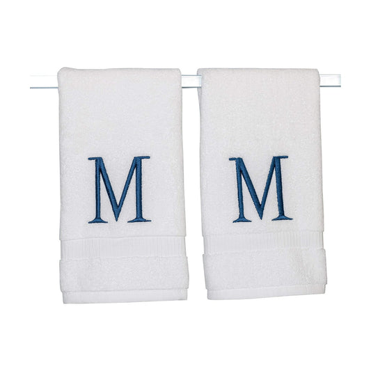 White with Navy Monogrammed Hand Towels for Bathroom - Set of 2 Letter M | Luxury Hotel Quality Initial Towels For
