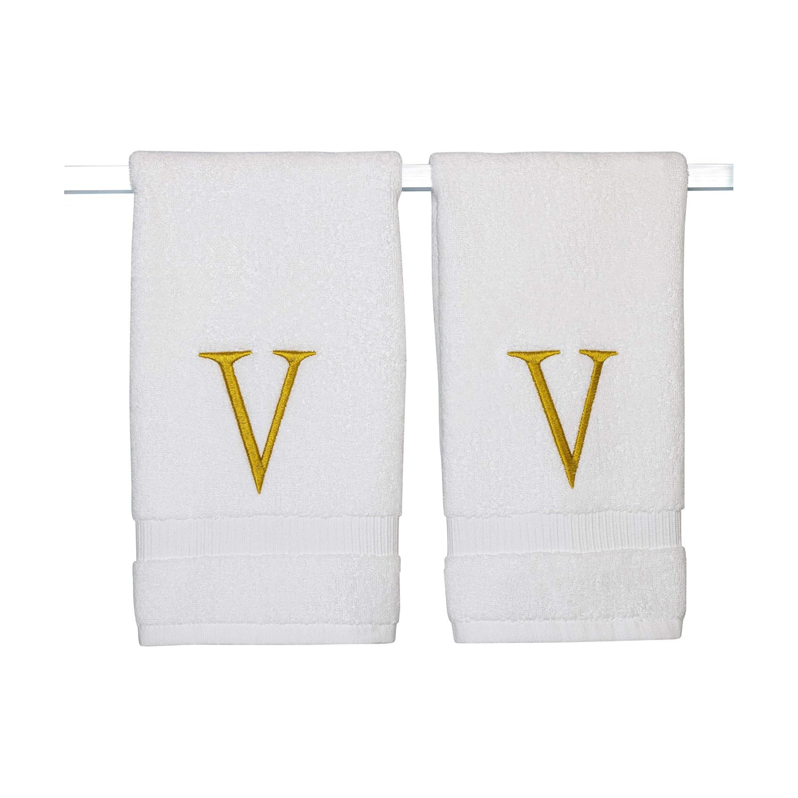White with Gold Monogrammed Hand Towels for Bathroom - Set of 2 Letter V | Luxury Hotel Quality Initial Towels For