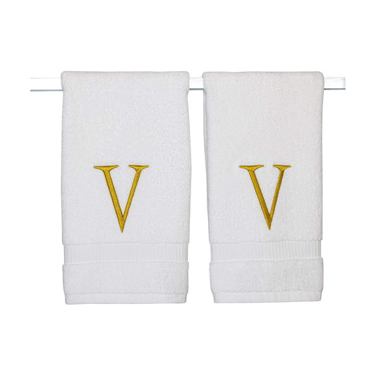 White with Gold Monogrammed Hand Towels for Bathroom - Set of 2 Letter V | Luxury Hotel Quality Initial Towels For