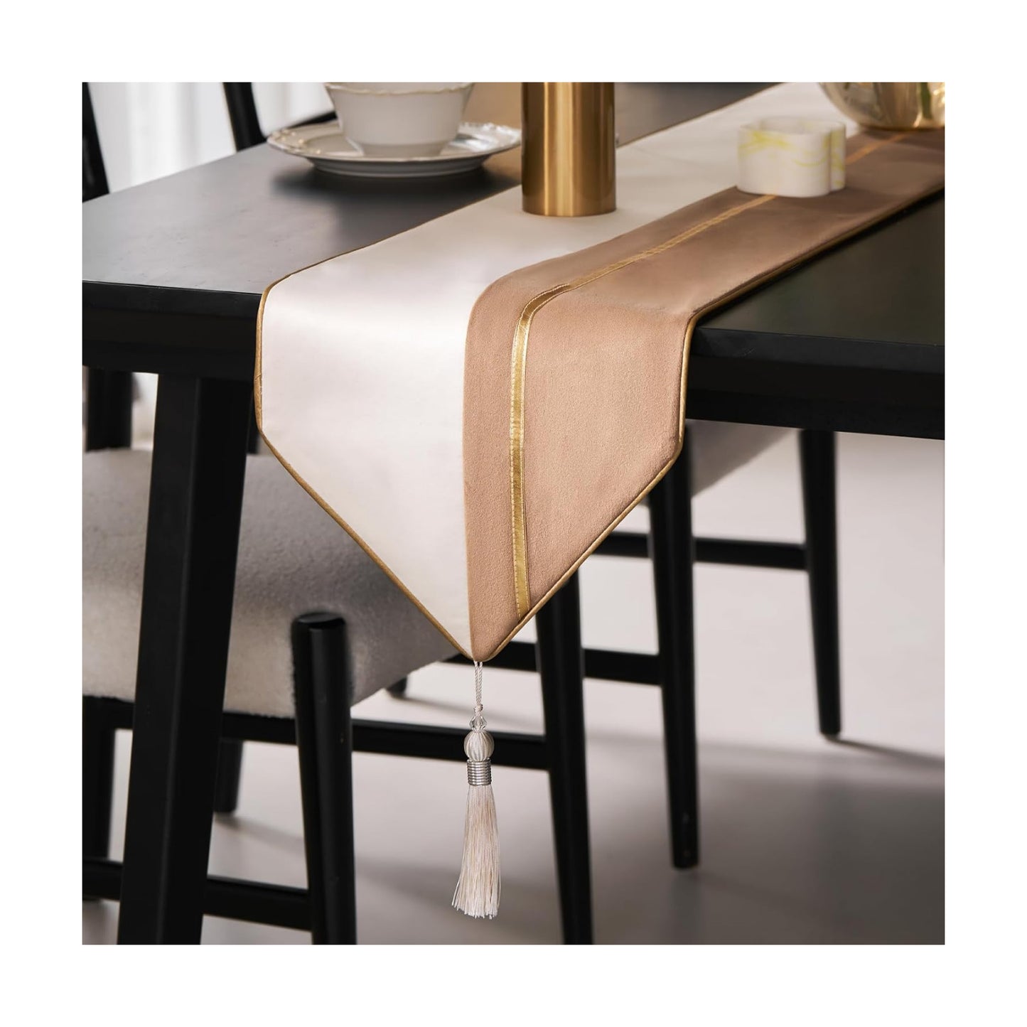 Avigers Table Runner 12 x 72 Inch, Chestnut White, Geometric, Tassels | Faux Silk double-layer accent for dining rooms