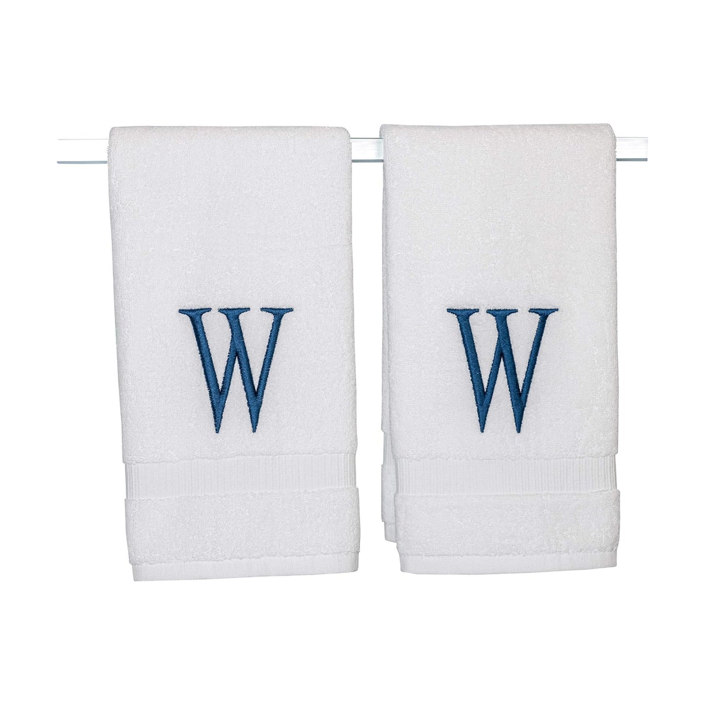 White with Navy Monogrammed Hand Towels for Bathroom - Set of 2 Letter W | Luxury Hotel Quality Initial Towels For