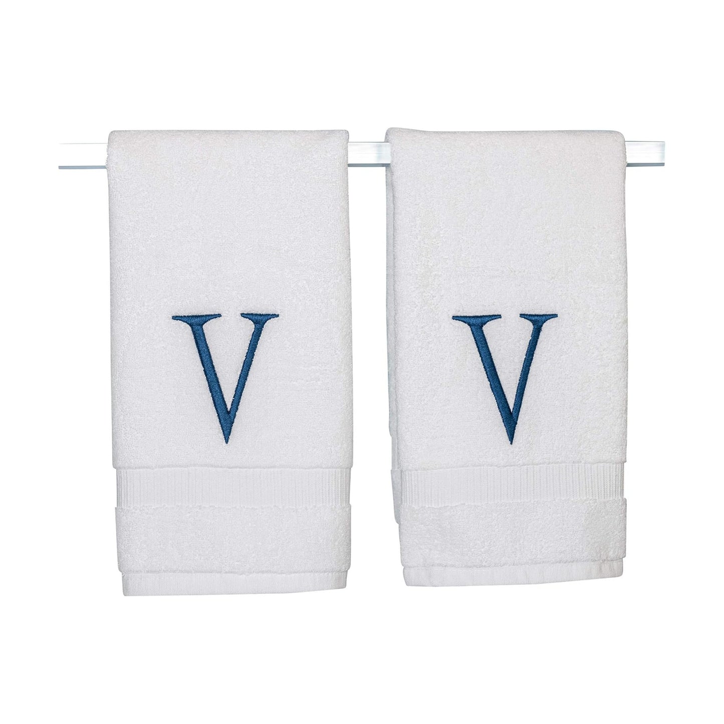 White with Navy Monogrammed Hand Towels for Bathroom - Set of 2 Letter V | Luxury Hotel Quality Initial Towels For