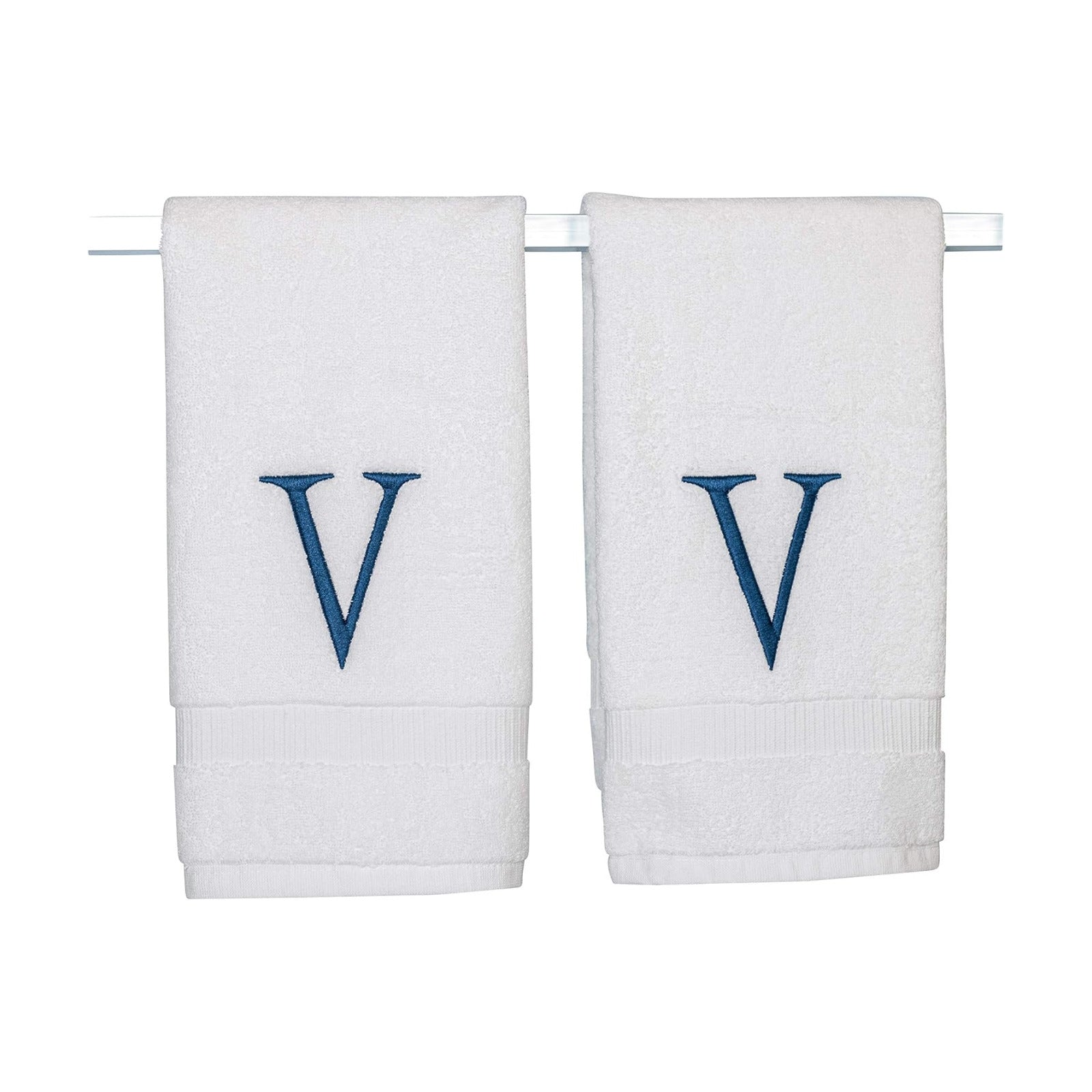 White with Navy Monogrammed Hand Towels for Bathroom - Set of 2 Letter V | Luxury Hotel Quality Initial Towels For