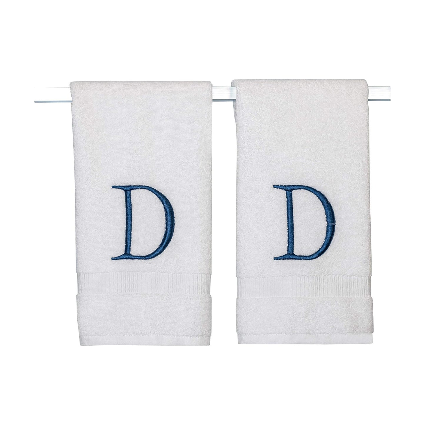 White with Navy Monogrammed Hand Towels for Bathroom - Set of 2 Letter D | Luxury Hotel Quality Initial Towels For