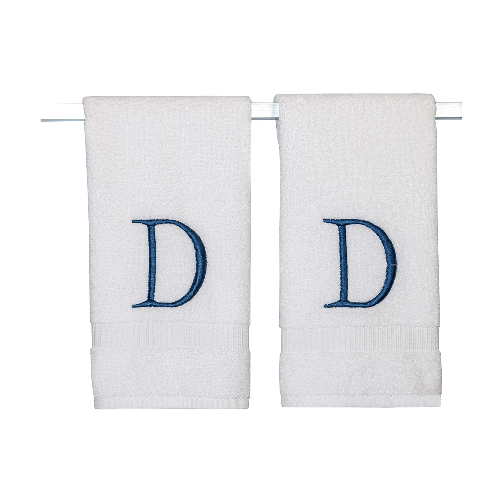 White with Navy Monogrammed Hand Towels for Bathroom - Set of 2 Letter D | Luxury Hotel Quality Initial Towels For