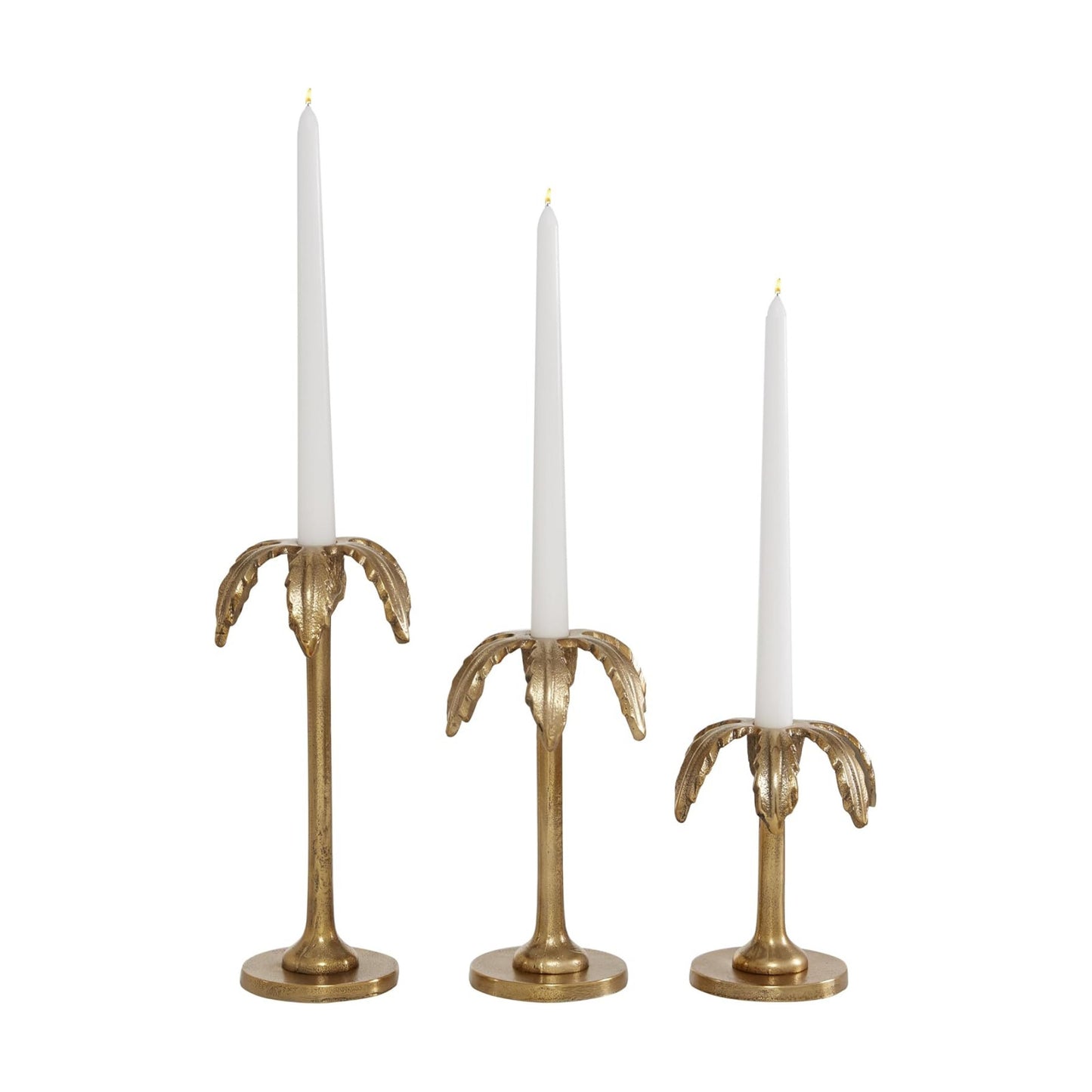 Deco 79 Aluminum Metal Decorative Candle Holder Palm Tree Candle Stand, Set of 3 Candlestick Holder 6", 8", 10"H, Gold