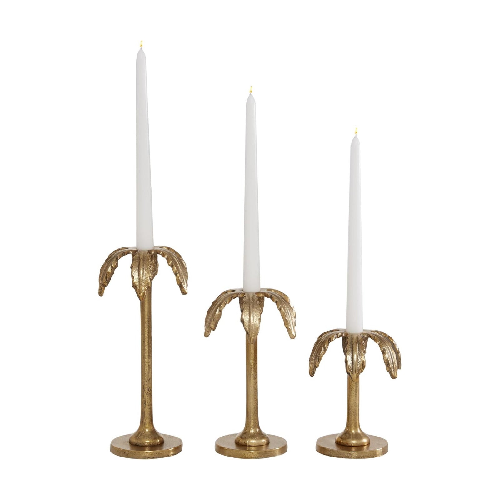 Deco 79 Aluminum Metal Decorative Candle Holder Palm Tree Candle Stand, Set of 3 Candlestick Holder 6", 8", 10"H, Gold