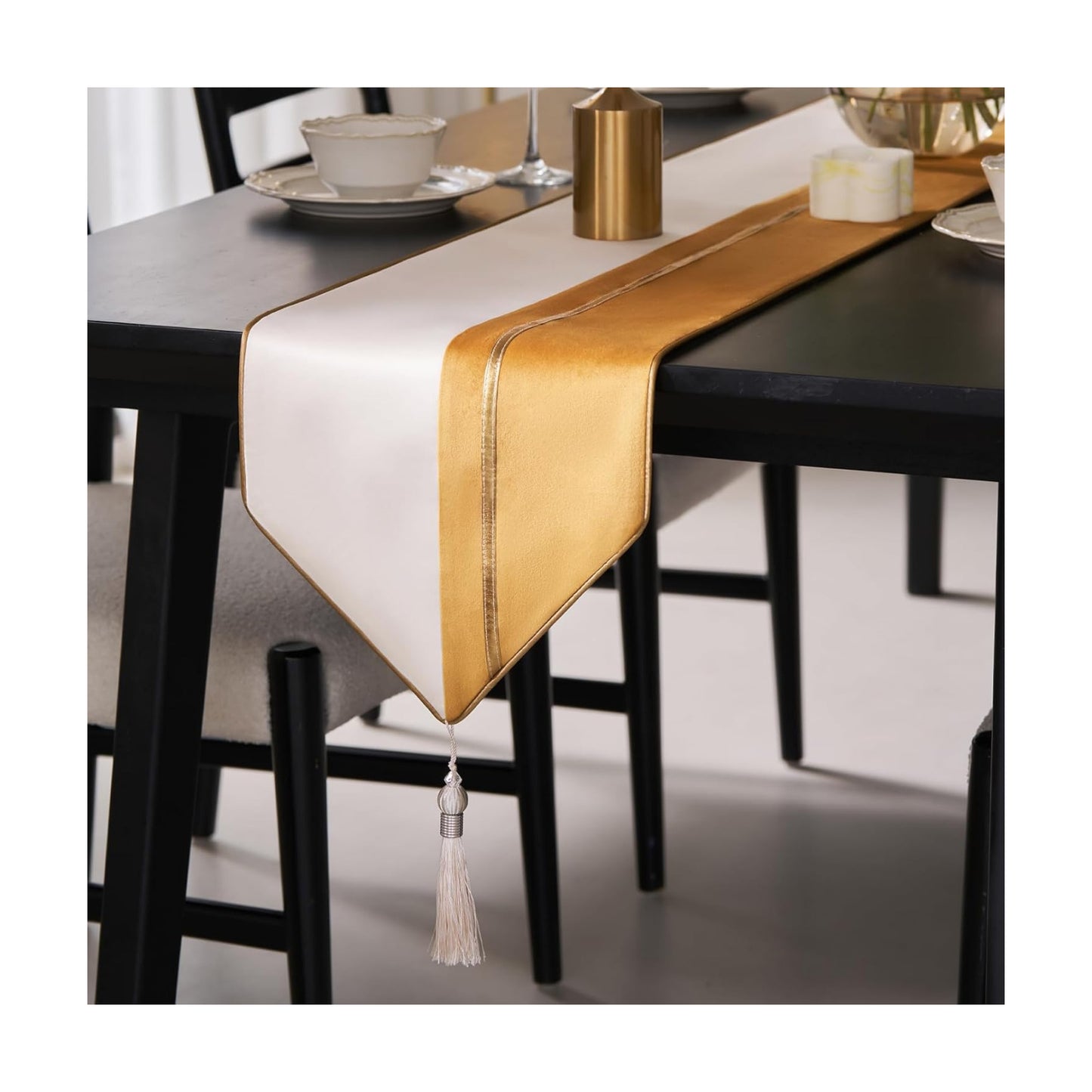 Avigers Table Runner 12 x 78 Inch, Yellow，White, Geometric, Tassels | Faux Silk double-layer accent for dining rooms