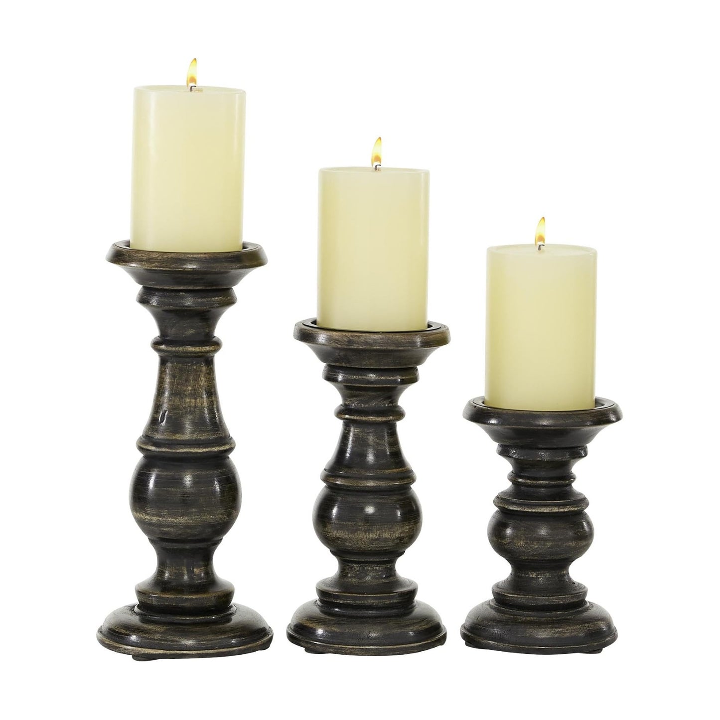 Deco 79 Mango Wood Decorative Candle Holder Distressed Turned Pillar Candle Stand, Set of 3 Candlestick Holder 6", 8"