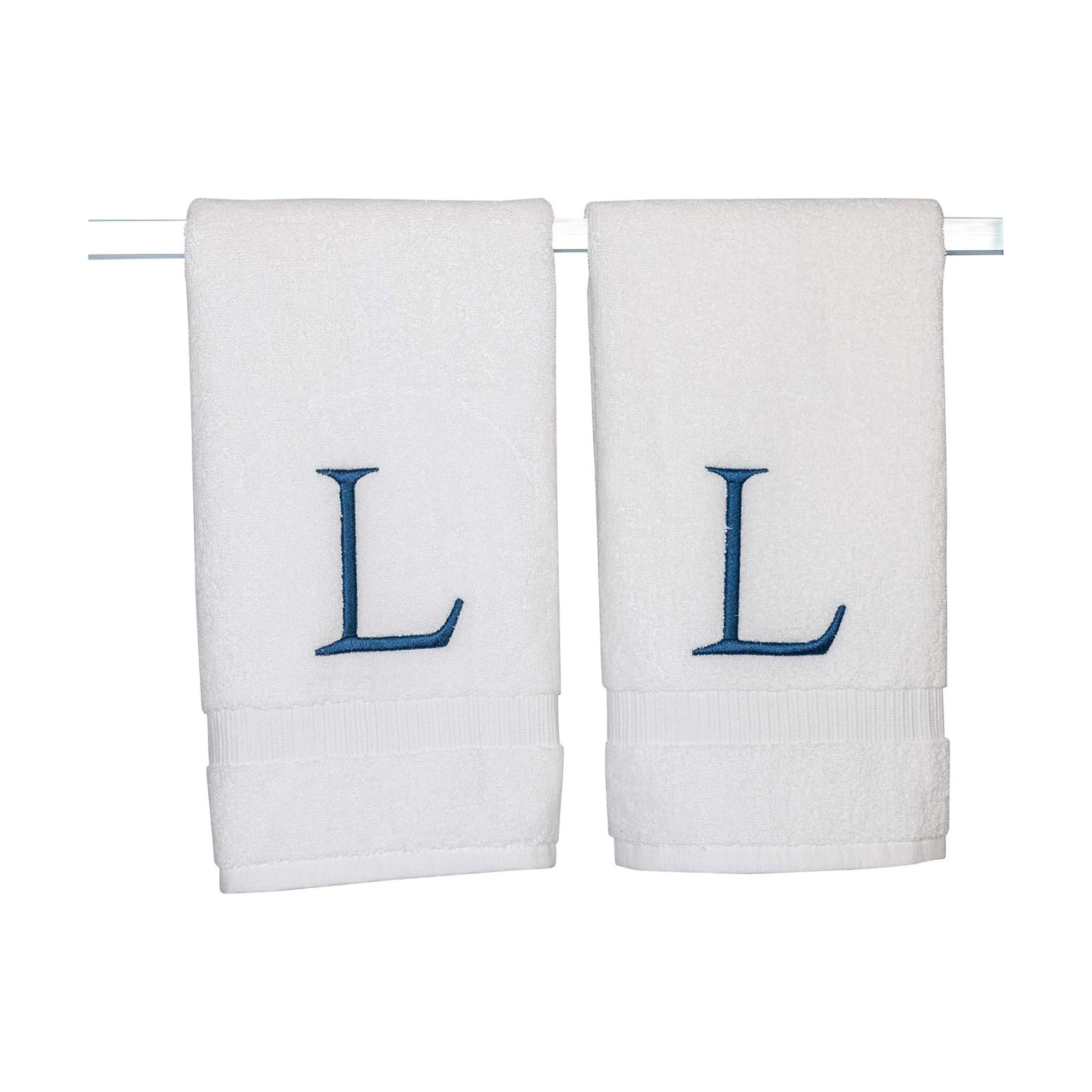 White with Navy Monogrammed Hand Towels for Bathroom - Set of 2 Letter L | Luxury Hotel Quality Initial Towels For